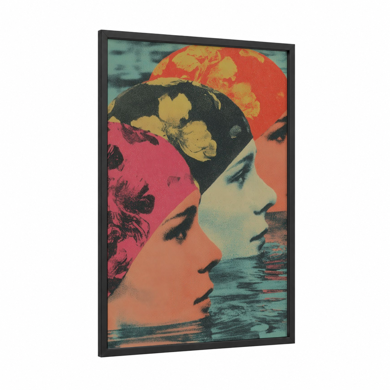Chromatic Swimmers framed synchronized swimming print — black wood frame — magenta and turquoise palette
