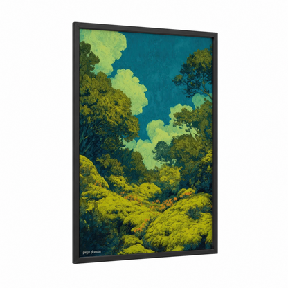 Luminous Valley framed green field print — black wood frame — lime green and teal palette