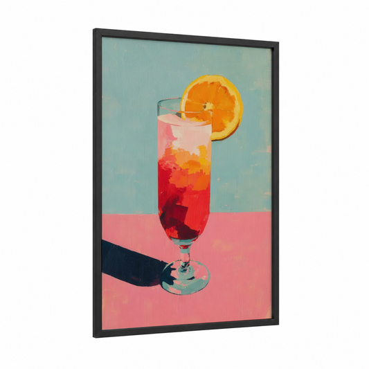 Tropical Cocktail framed art print — black wood frame — pink and orange palette