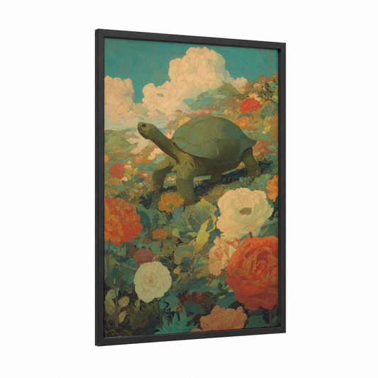Garden Turtle framed art print — black wood frame — teal and peach palette