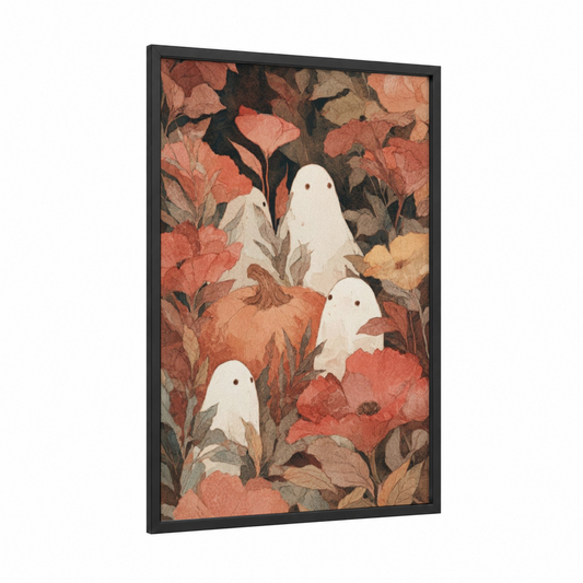 Autumn Ghost Gathering framed art print — black wood frame — russet and cream palette