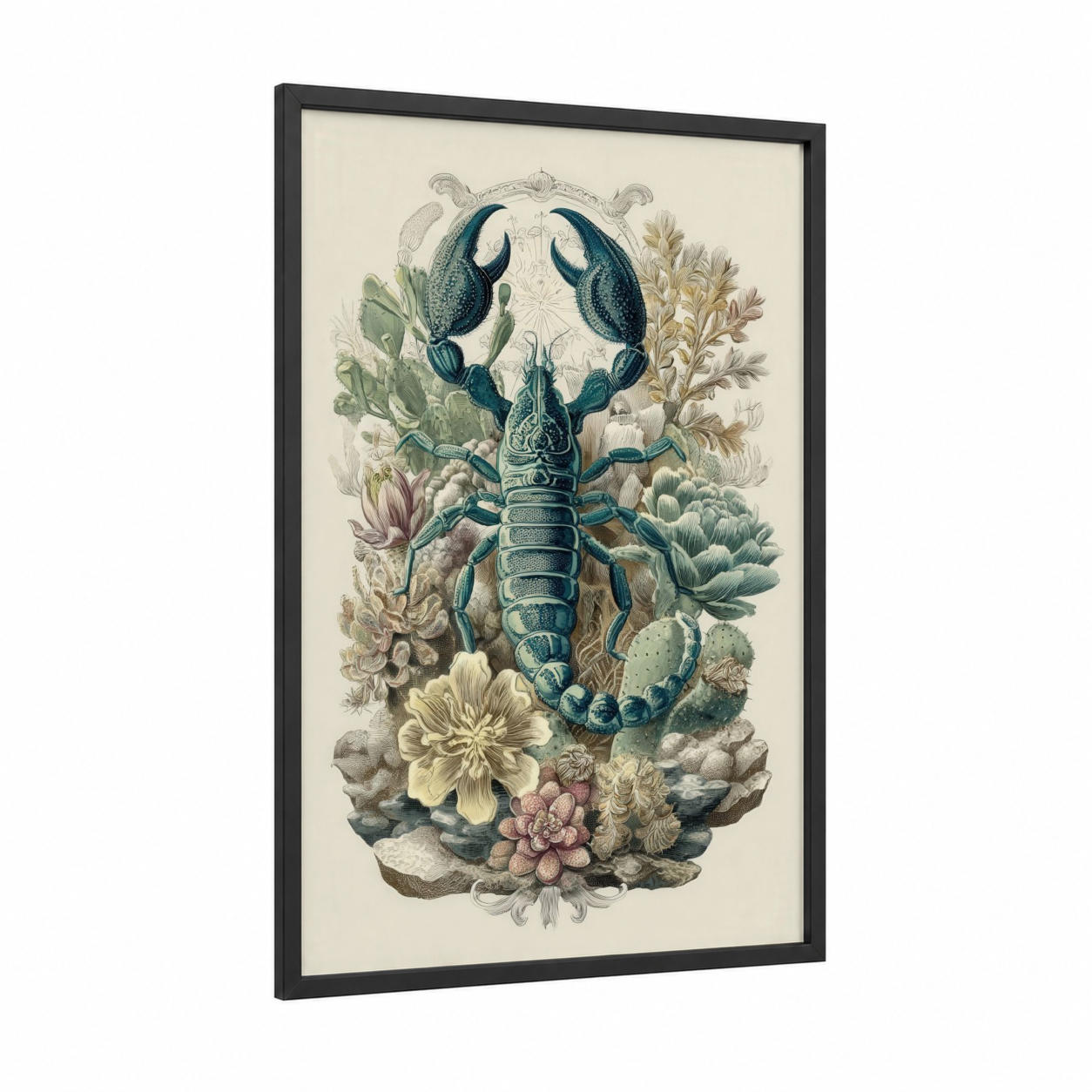 Ornate Scorpion framed scorpions print — black wood frame — teal and cream palette