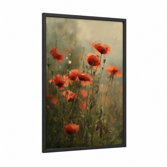 Spring Poppies framed art print — black wood frame — cream and red palette