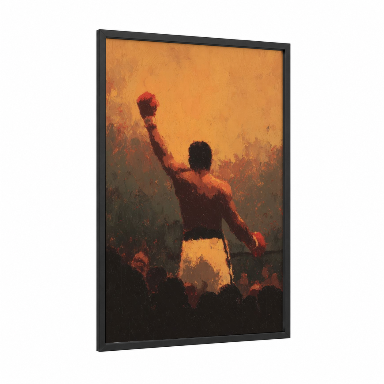 Victory Fist Boxer framed boxing print — black wood frame — gold and orange palette