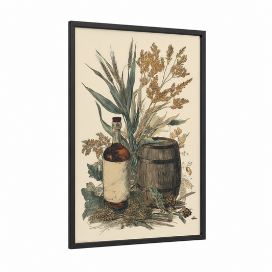 Harvest Whiskey framed art print — black wood frame — cream and russet palette