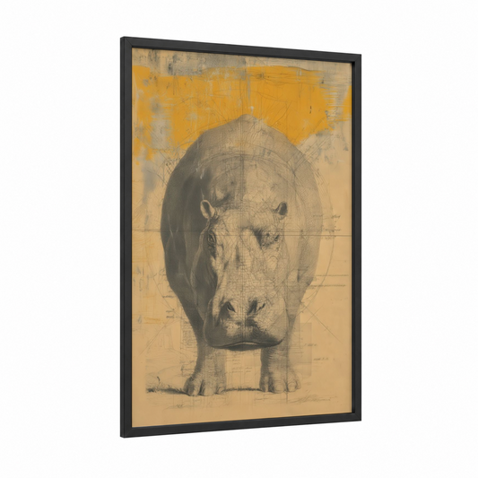 Golden Hippo framed art print — black wood frame — gold and gray palette