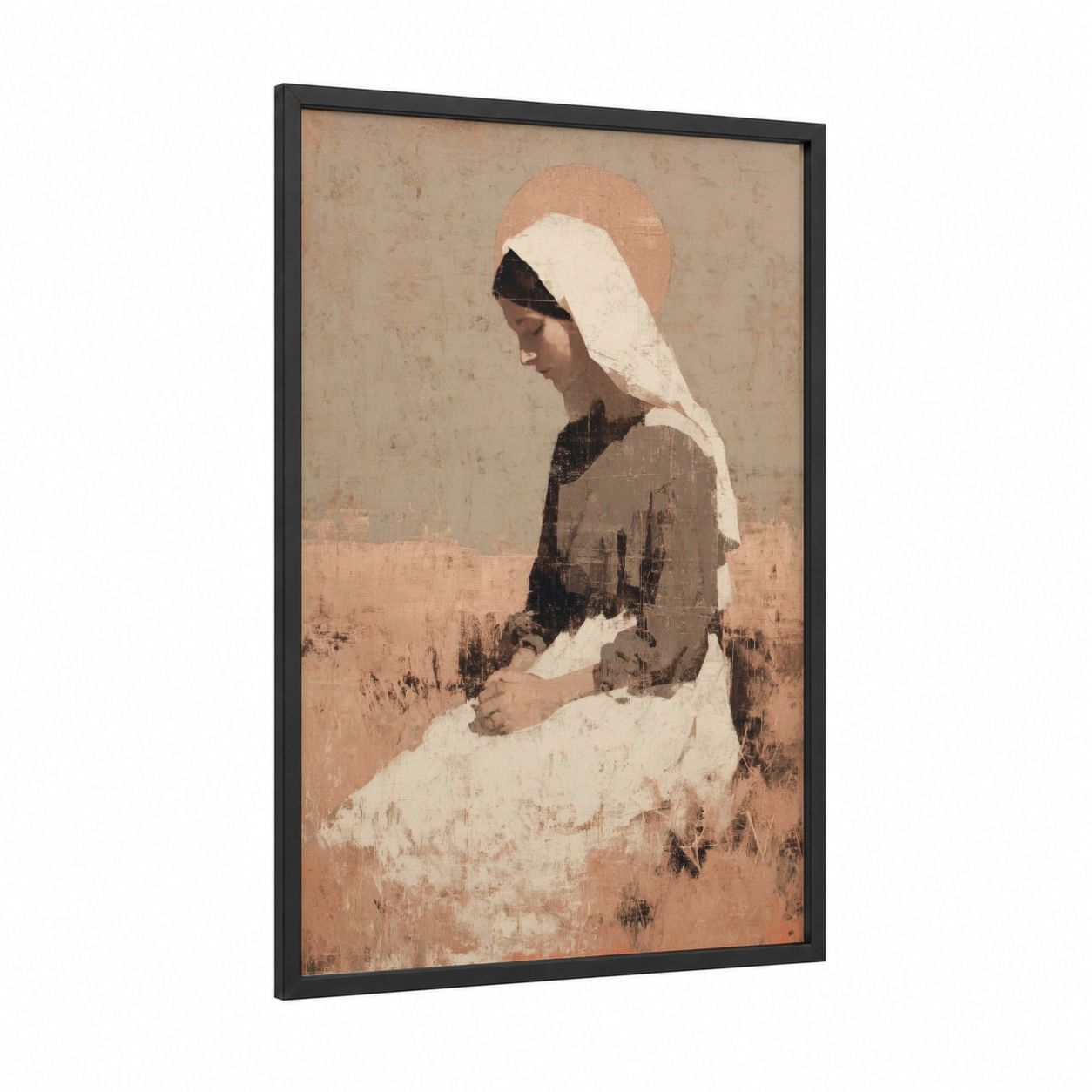 Serene Virgin framed virgin mary print — black wood frame — beige and cream palette