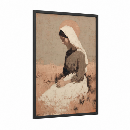 Serene Virgin framed virgin mary print — black wood frame — beige and cream palette