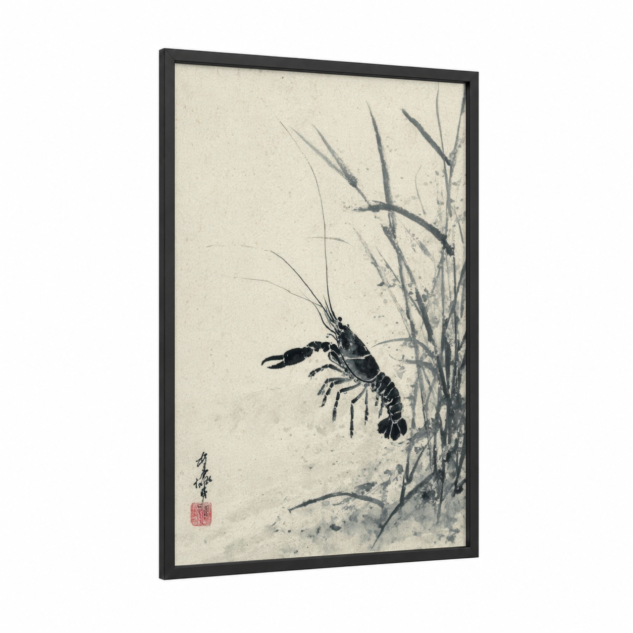 Brushstroke Crayfish framed art print — black wood frame — black and white and cream palette