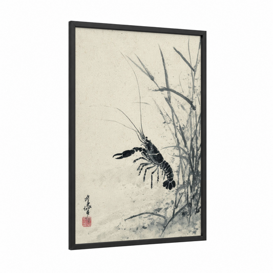 Brushstroke Crayfish framed art print — black wood frame — black and white and cream palette