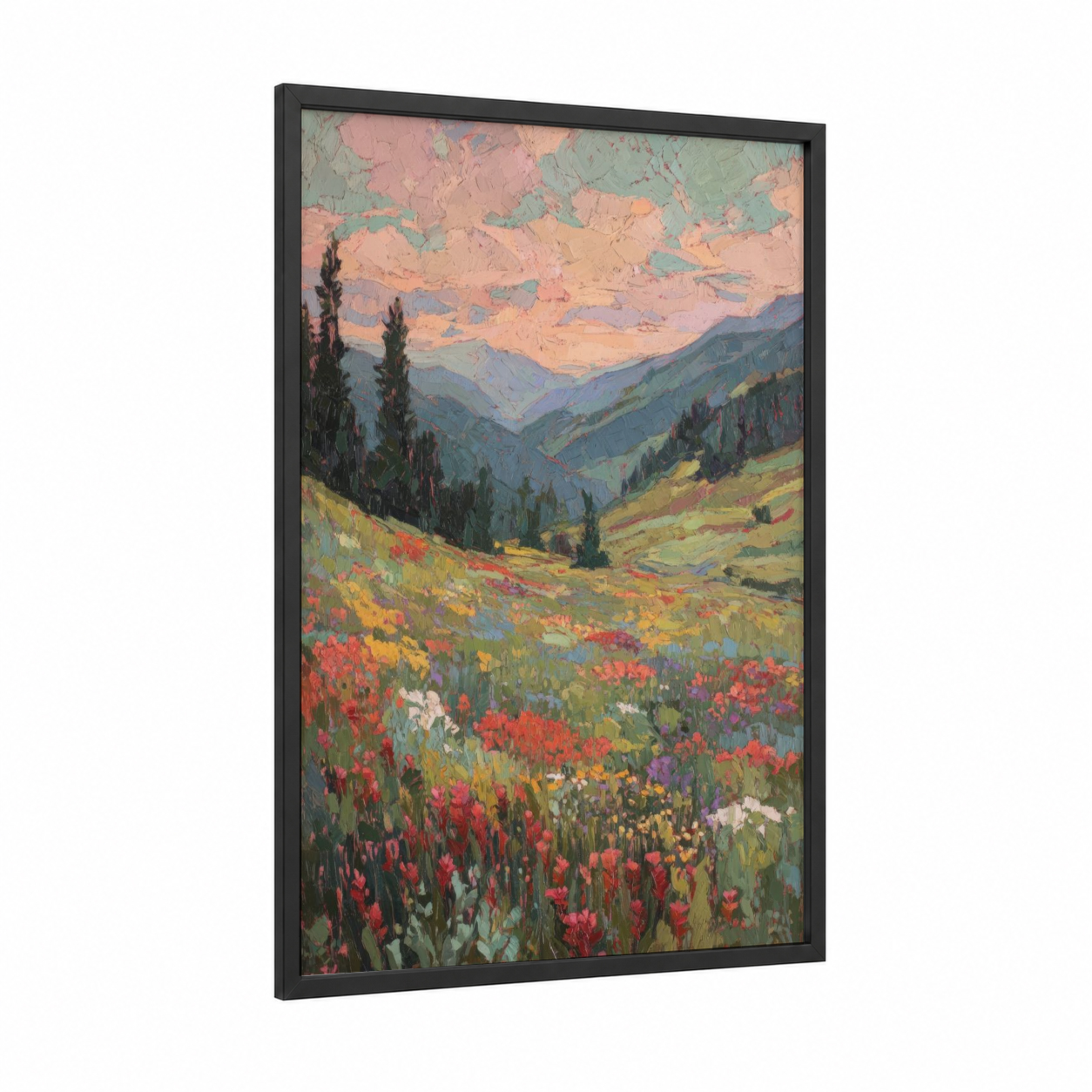 Alpine Wildflower Sunrise framed art print — black wood frame — pink and green palette