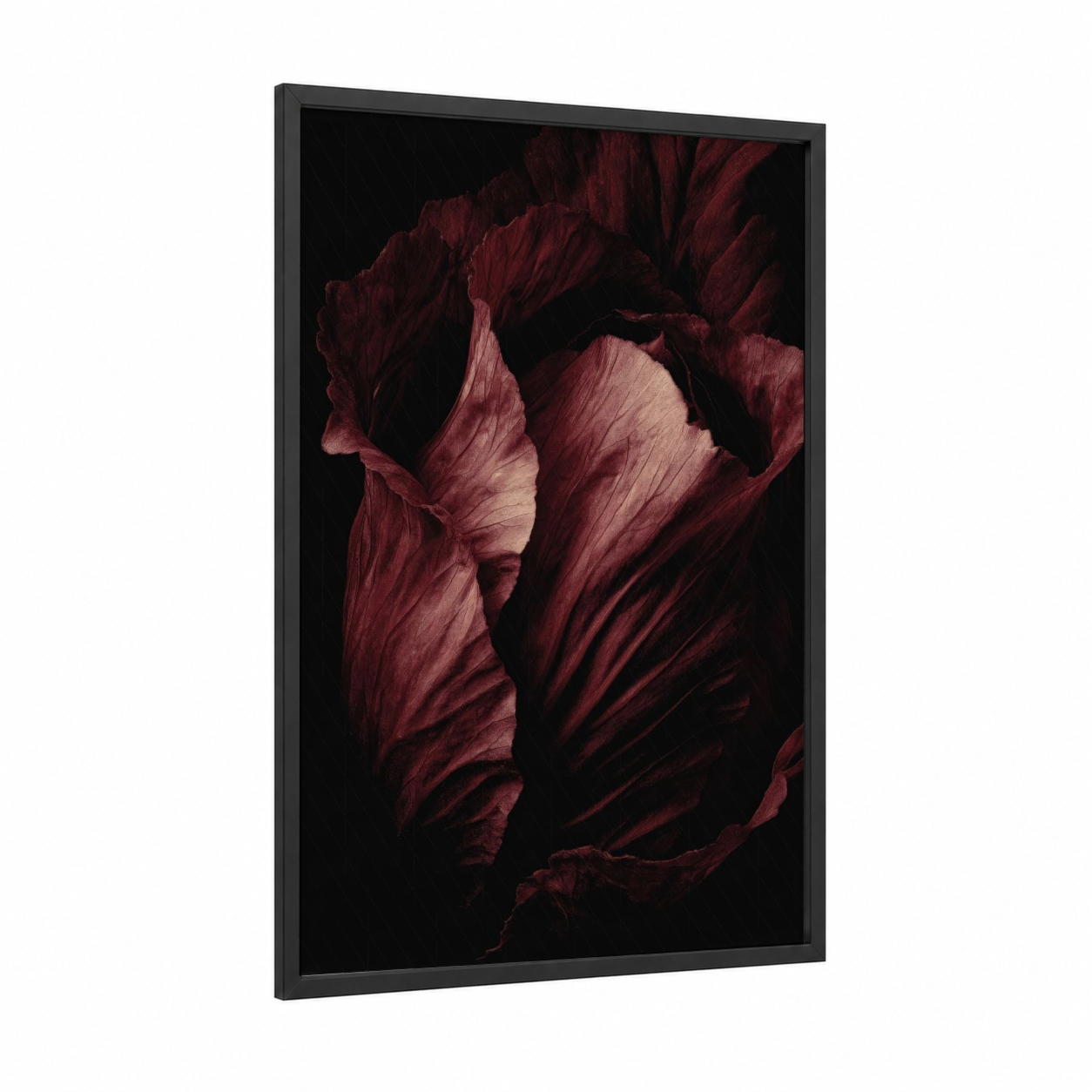 Crimson Cabbage framed vegetable print — black wood frame — maroon and black palette