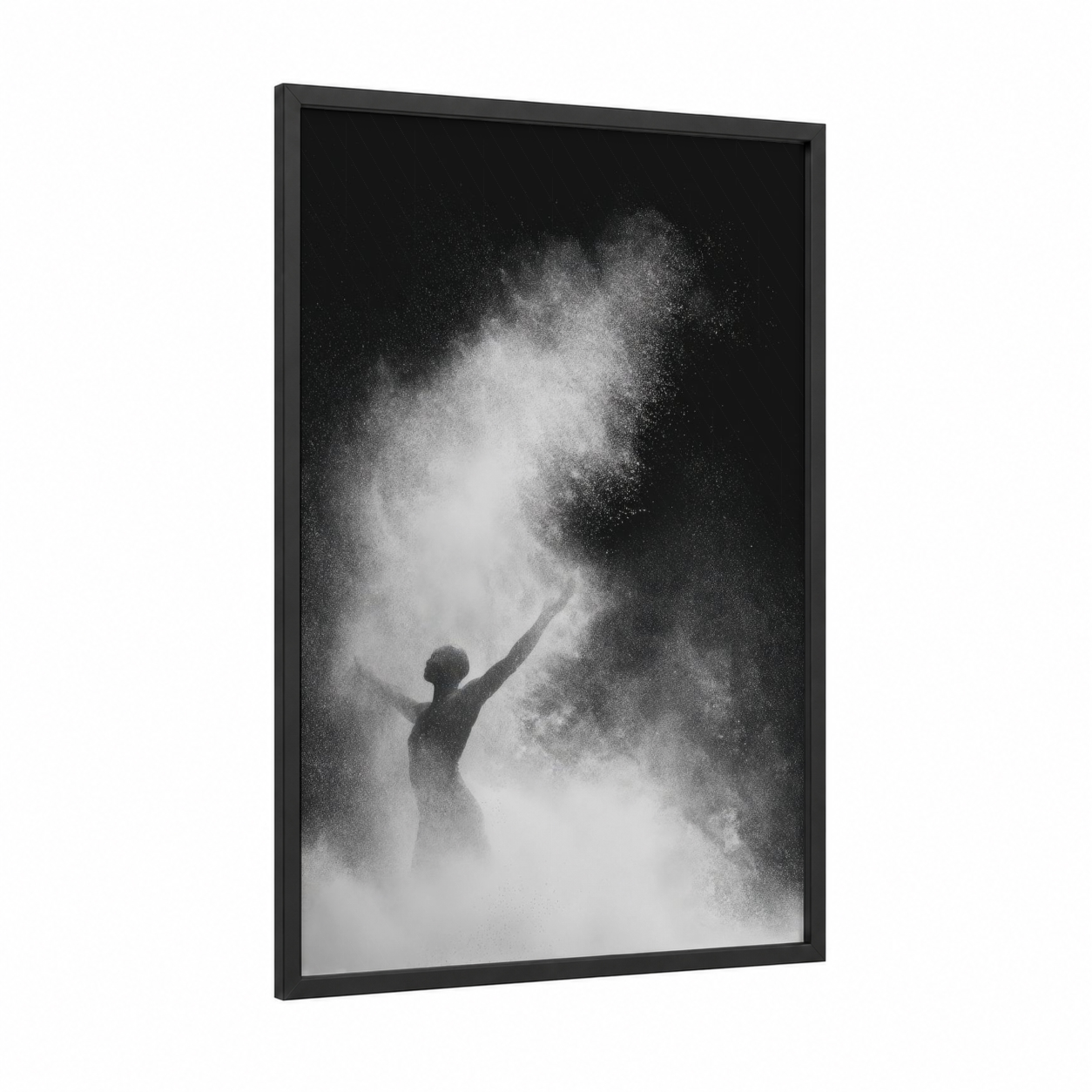 Powder Ascension framed modern dance print — black wood frame — black and white palette