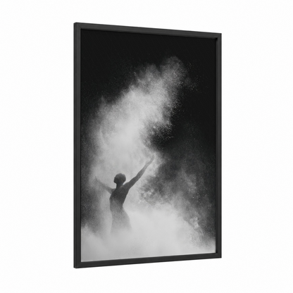 Powder Ascension framed modern dance print — black wood frame — black and white palette