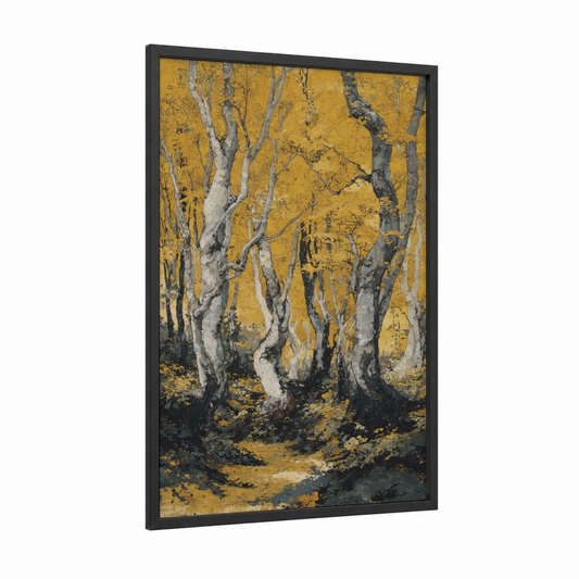 Golden Birch Forest framed forest trees print — black wood frame — yellow gold and gray palette