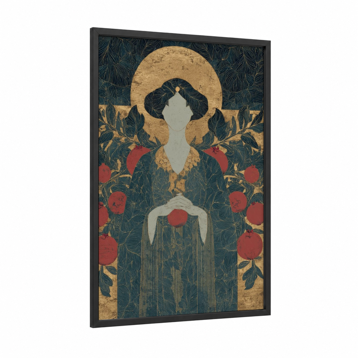 Pomegranate Sorceress framed magic and witchcraft print — black wood frame — gold and teal palette