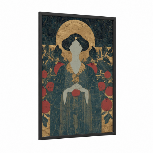 Pomegranate Sorceress framed magic and witchcraft print — black wood frame — gold and teal palette