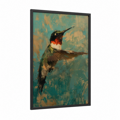 Ruby Hummingbird framed art print — black wood frame — teal and gold palette