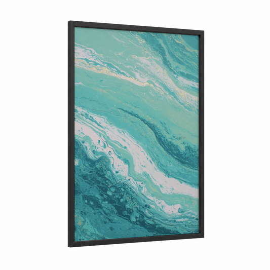 Serene Flow Yoga framed fitness yoga print — black wood frame — teal and cream palette