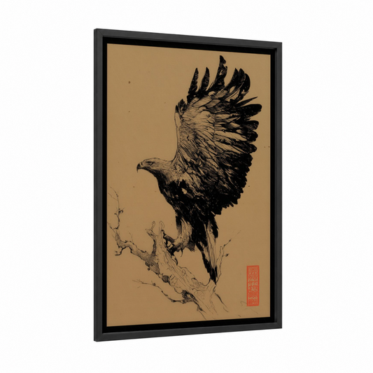 Perched Eagle framed art print — black wood frame — black and white and beige palette