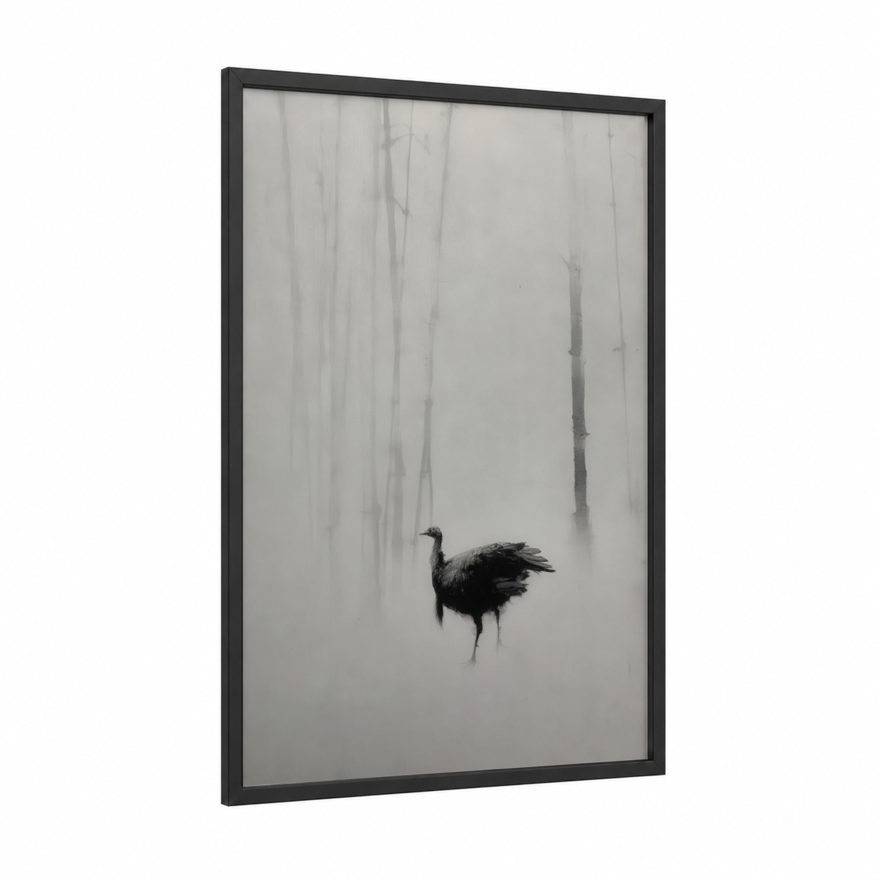 Misty Turkey framed art print — black wood frame — black and white palette