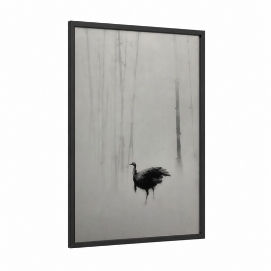 Misty Turkey framed art print — black wood frame — black and white palette