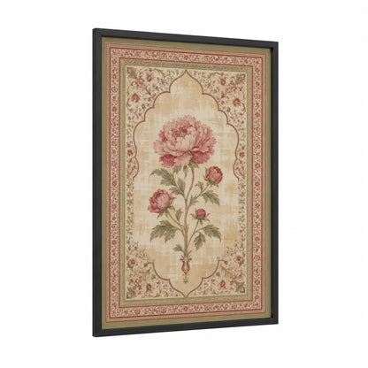 Vintage Peony Floral Wall Art framed art print — black wood frame — beige and salmon pink palette