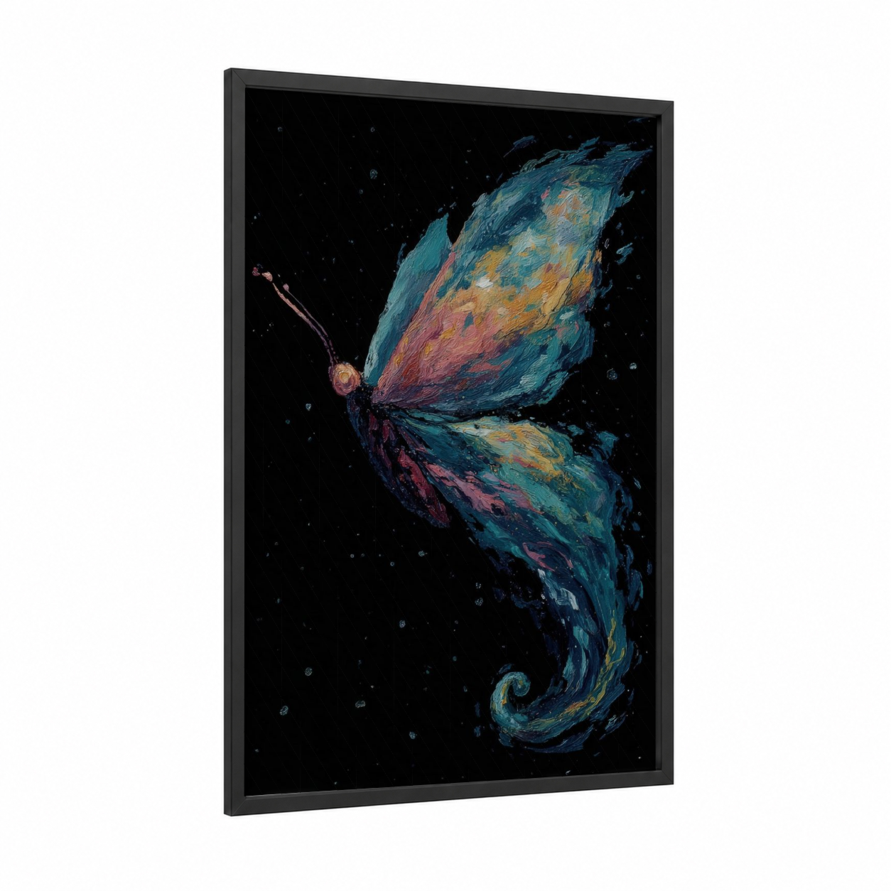 Cosmic Butterfly framed art print — black wood frame — teal and gold palette