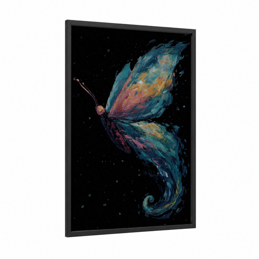 Cosmic Butterfly framed art print — black wood frame — teal and gold palette