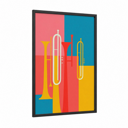 Colorful Trumpet Ensemble framed art print — black wood frame — gold and teal palette