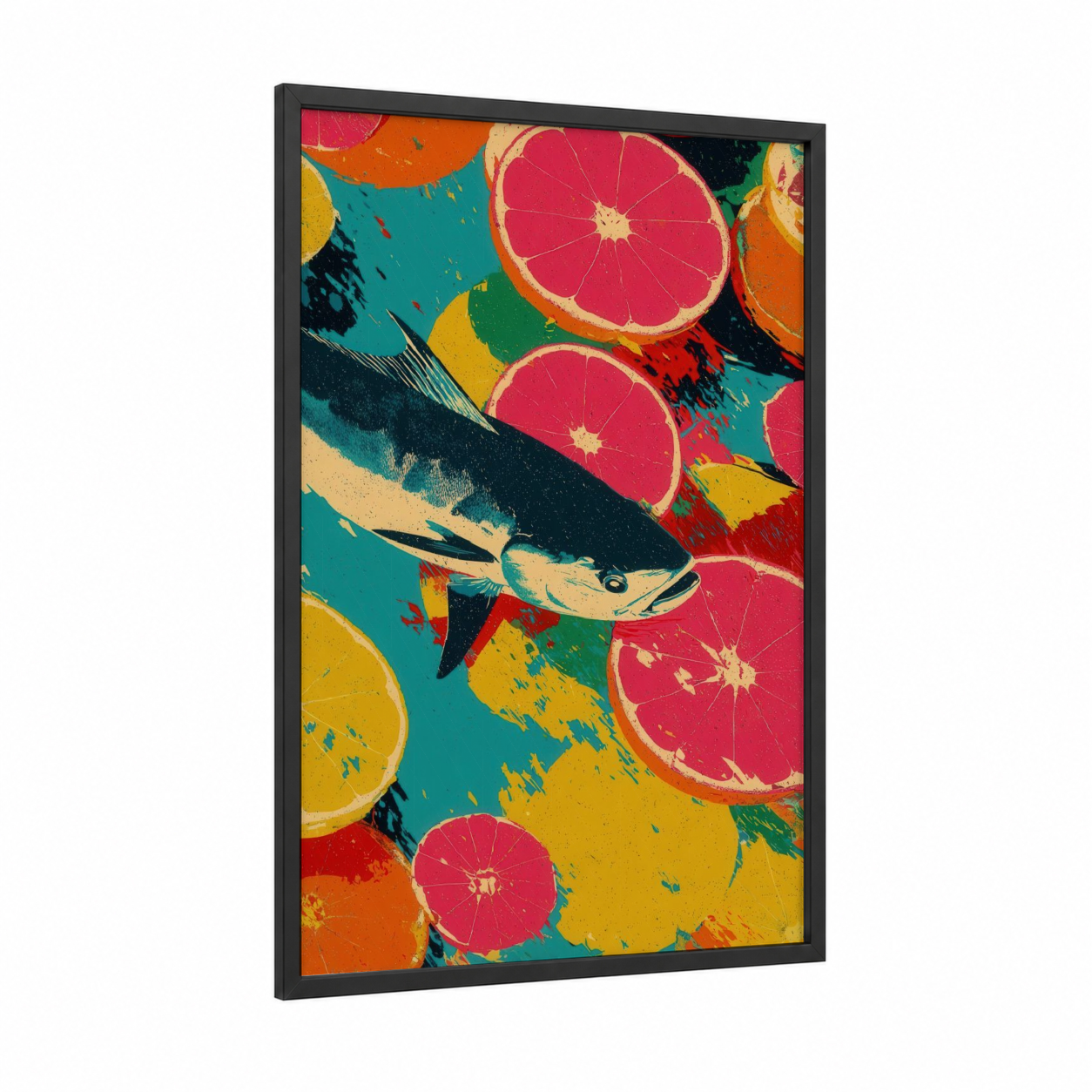 Citrus Wahoo framed art print — black wood frame — magenta and yellow gold palette