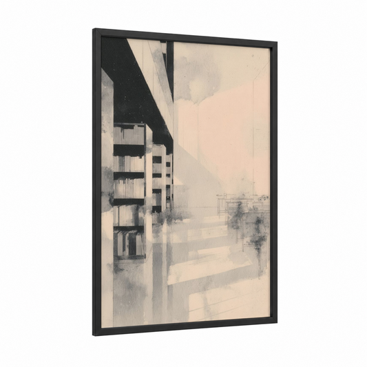 Modern Library Architecture framed art print — black wood frame — cream and gray and white palette