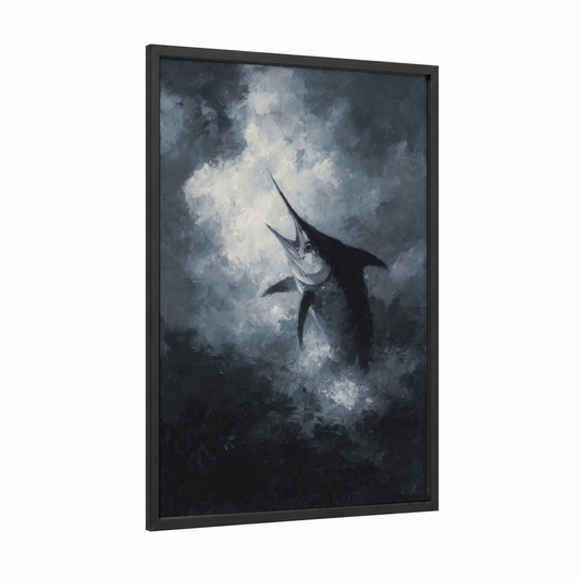 Rising Marlin framed blue marlin print — black wood frame — gray and black and white palette