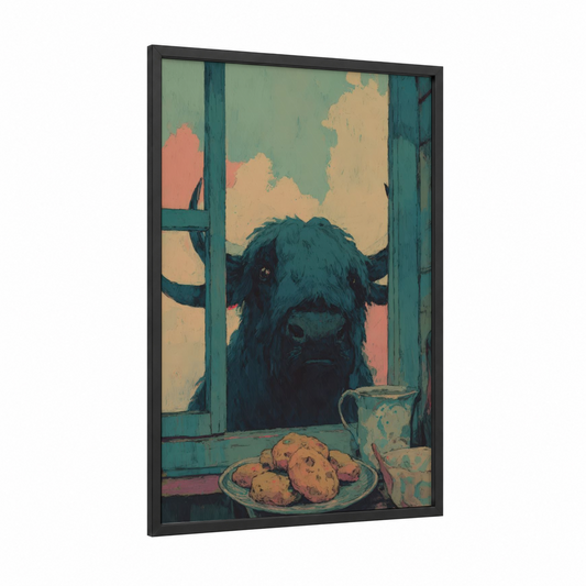 Window Yak framed art print — black wood frame — teal and peach palette