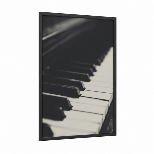 Ivory Keys Close-up framed piano print — black wood frame — black and white palette