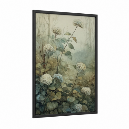 Misty Hydrangea Garden framed art print — black wood frame — cream and sage green palette