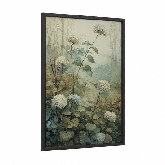 Misty Hydrangea Garden framed art print — black wood frame — cream and sage green palette
