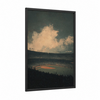 Stadium Dreams framed football print — black wood frame — gold and dark green palette