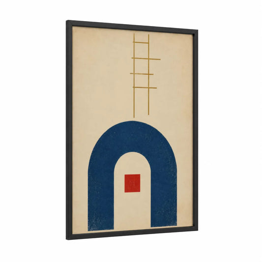 Mid-Century Modern Geometric Arch Wall Art framed abstract geometric print — black wood frame — blue and beige palette