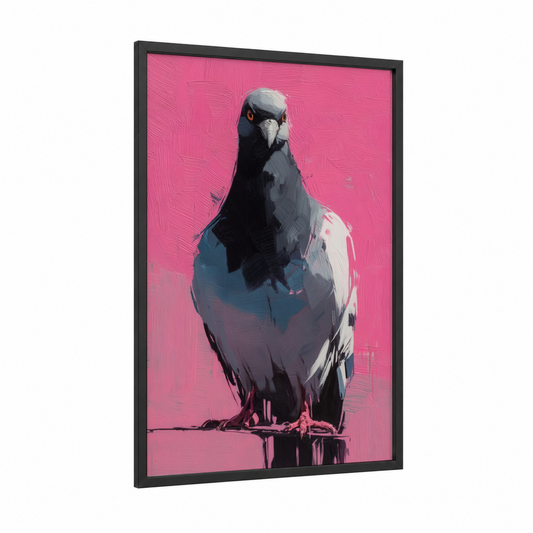 Pink Pigeon framed art print — black wood frame — pink and black and white palette