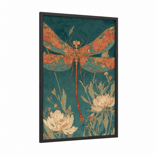 Coral Dragonfly framed art print — black wood frame — teal and gold palette
