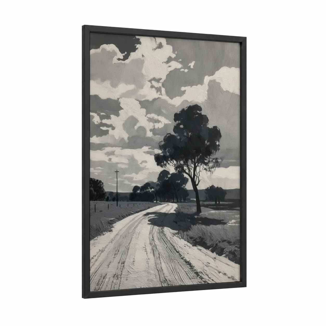 Rural Road Silhouette framed various landscapes print — black wood frame — black and white and gray palette
