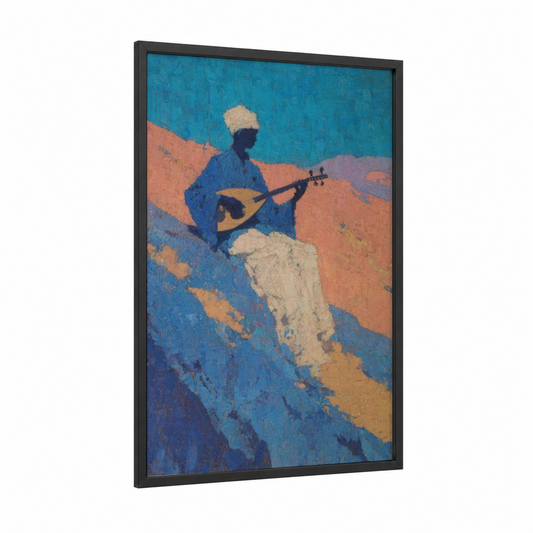 Desert Musician framed art print — black wood frame — blue and orange palette