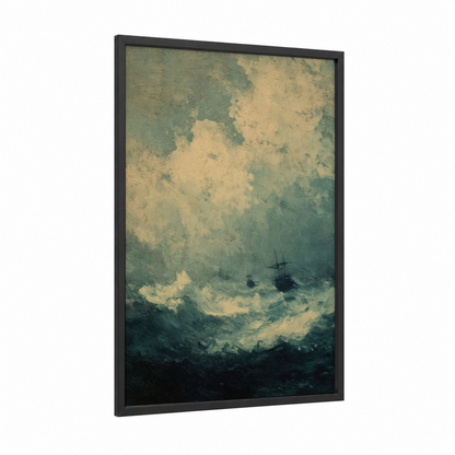 Stormy Seas framed art print — black wood frame — sage green and cream palette