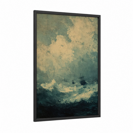 Stormy Seas framed art print — black wood frame — sage green and cream palette