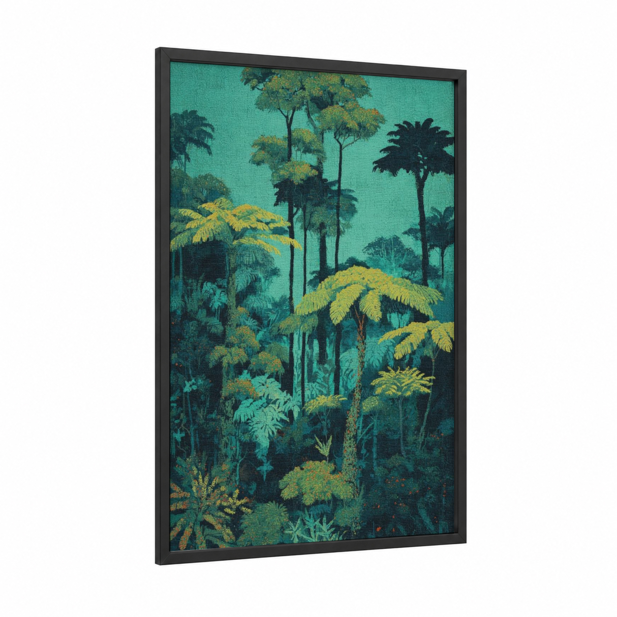 Emerald Jungle Canopy framed forest trees print — black wood frame — teal and dark green palette