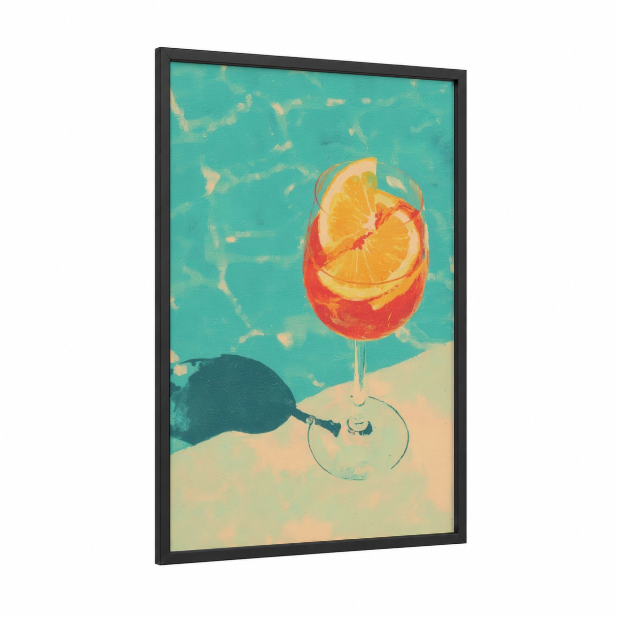 Sunset Cocktail framed art print — black wood frame — teal and gold palette