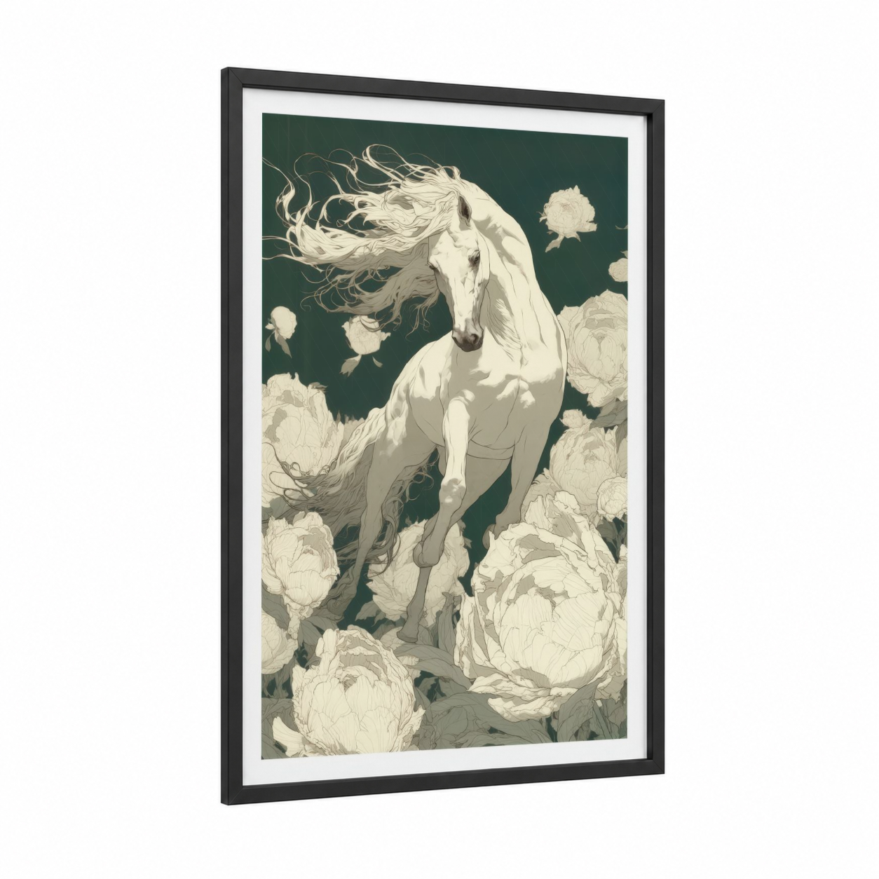Flowing Andalusian framed andalusian horse print — black wood frame — white and dark green palette
