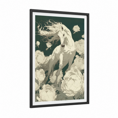 Flowing Andalusian framed andalusian horse print — black wood frame — white and dark green palette