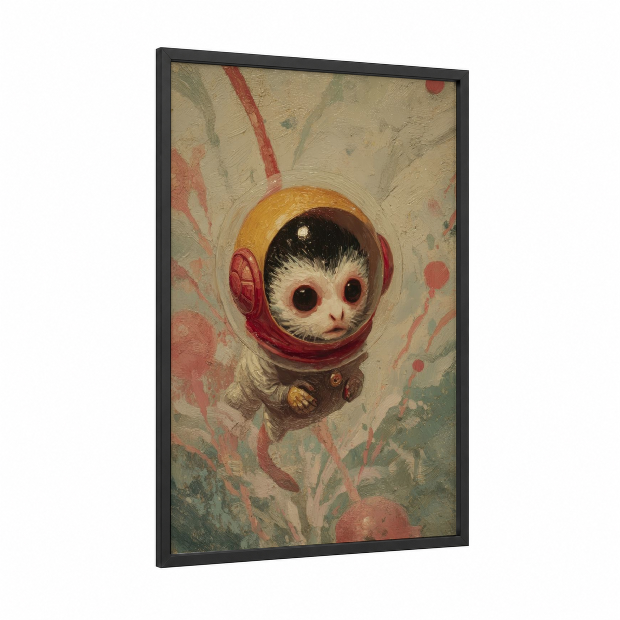 Cosmonaut Monkey framed art print — black wood frame — cream and salmon pink palette